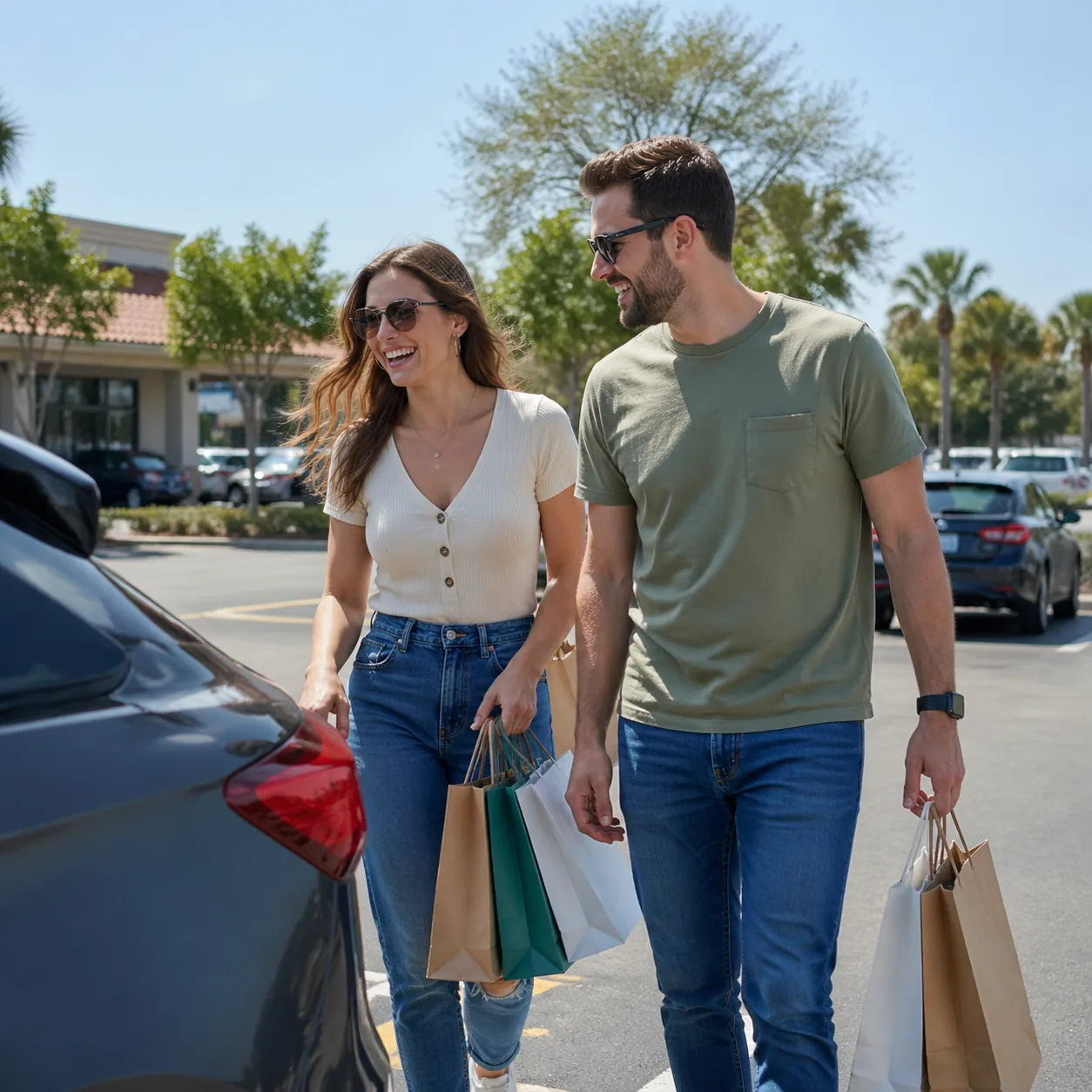 Realistic photo of a wife and husband carrying several small shopping bags back to a car in a sunny parking lot, funny e
