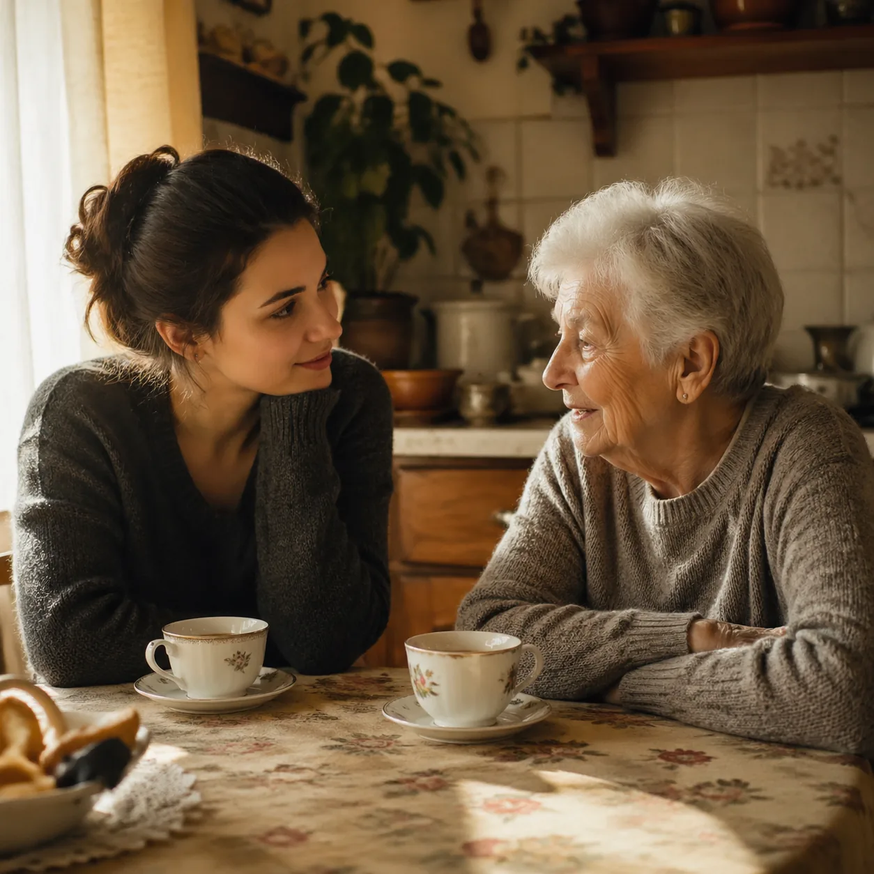 Warm editorial photo of a young woman attentively listening to her grandmother across a kitchen table, two cups of tea b