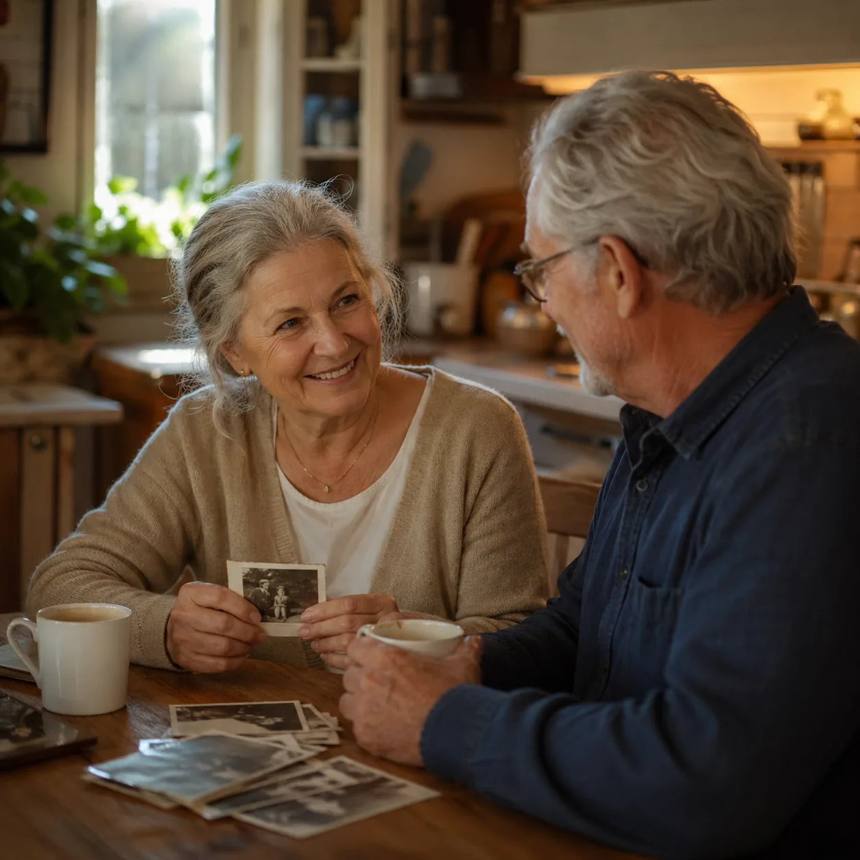 Realistic cozy photo of a wife smiling at a husband over coffee while holding an old photo, nostalgic married couple sce