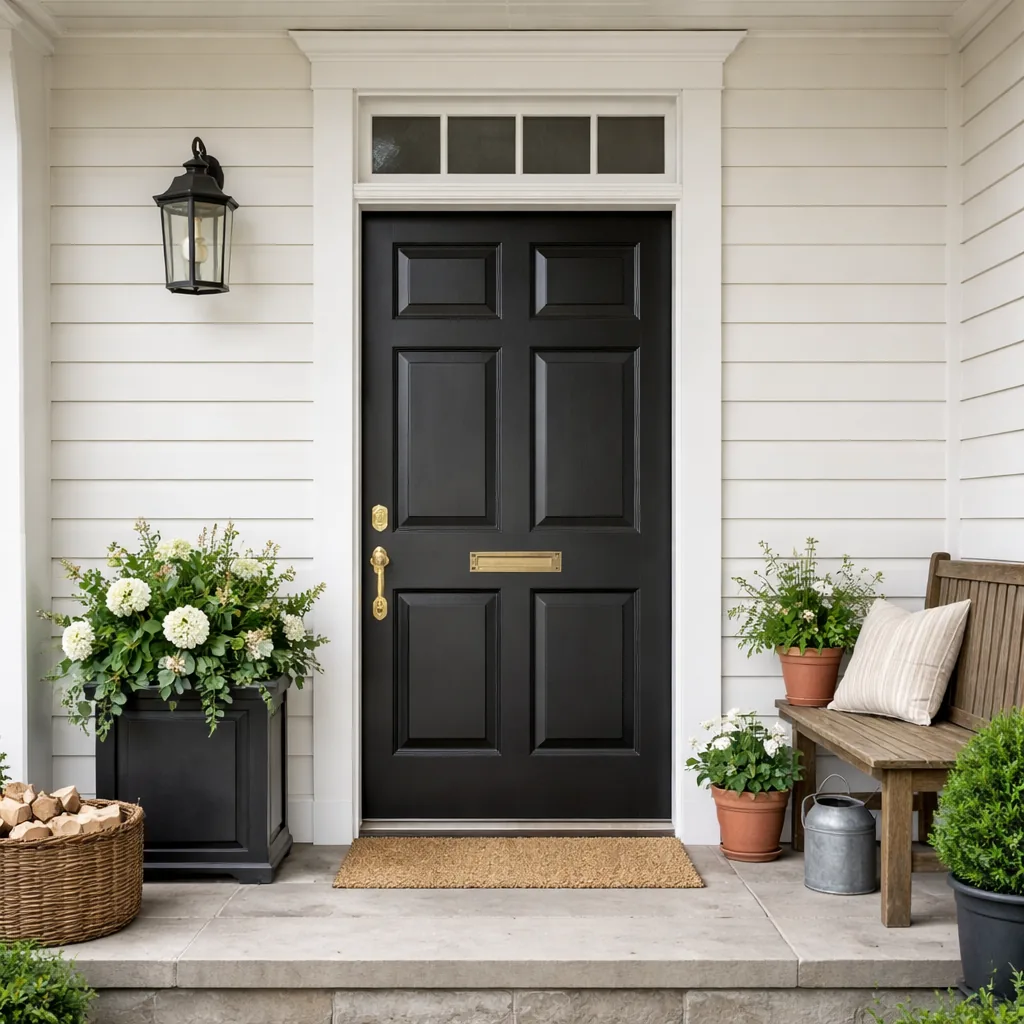 Realistic editorial photo of a black front door on an American home with trim, planters, hardware, and porch details showing asymmetry where the porch feels sti