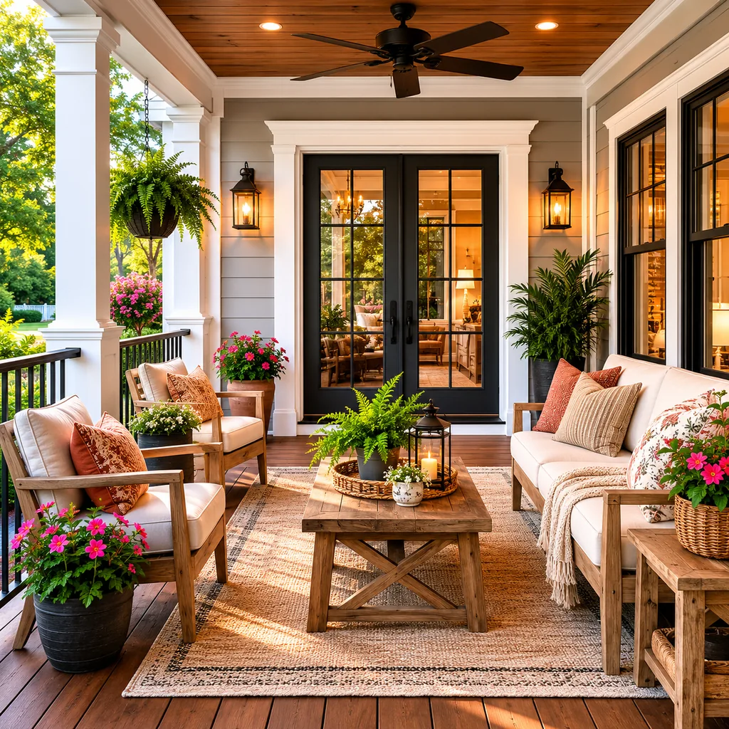 Realistic editorial photo of a covered porch with chairs, ceiling fan, plants, side tables, rug, and outdoor living details showing trim details that frame the 