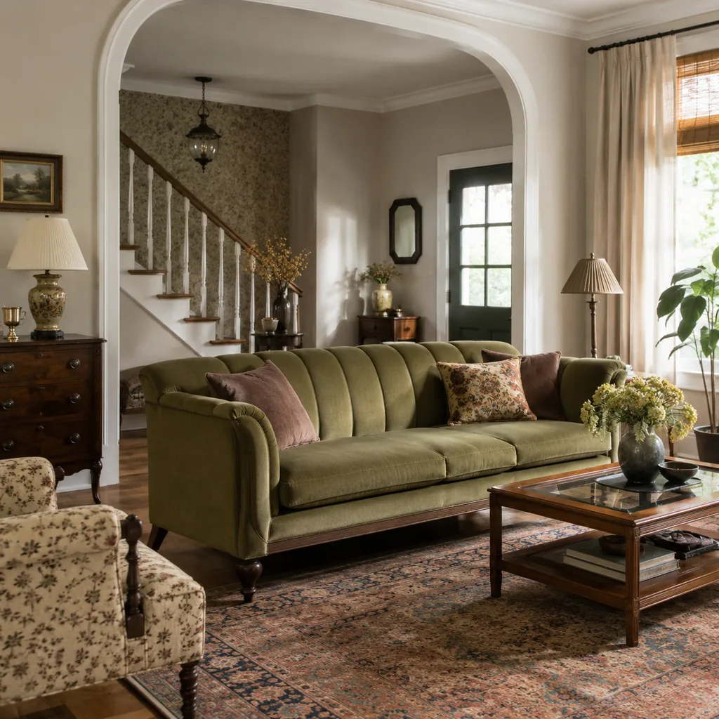 Realistic editorial photo of a home interior with vintage decor, modern furniture, warm wood, patterned accents, and layered lighting showing familiar shape in