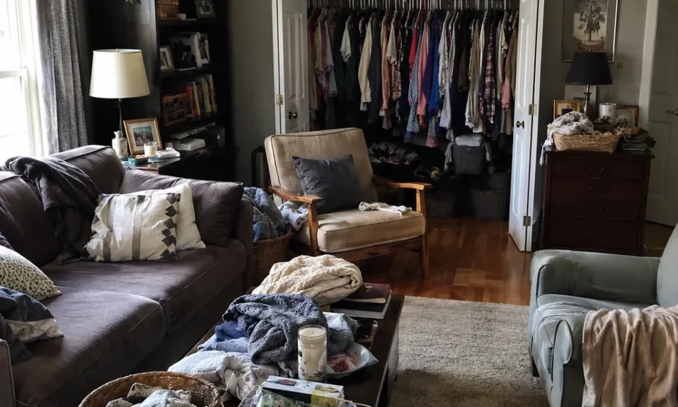Realistic editorial photo of a living room with crowded surfaces, extra chairs, baskets, blankets, cords, and storage furniture showing closets packed to the ro