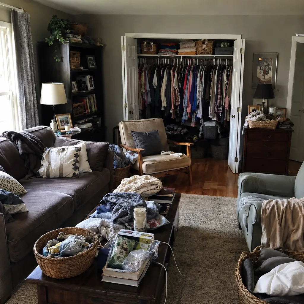 Realistic editorial photo of a living room with crowded surfaces, extra chairs, baskets, blankets, cords, and storage furniture showing closets packed to the ro
