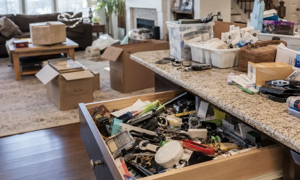 Realistic editorial photo of a realistic cluttered living room and kitchen area with boxes, counters, shelves, and organizing bins showing junk drawer with no b