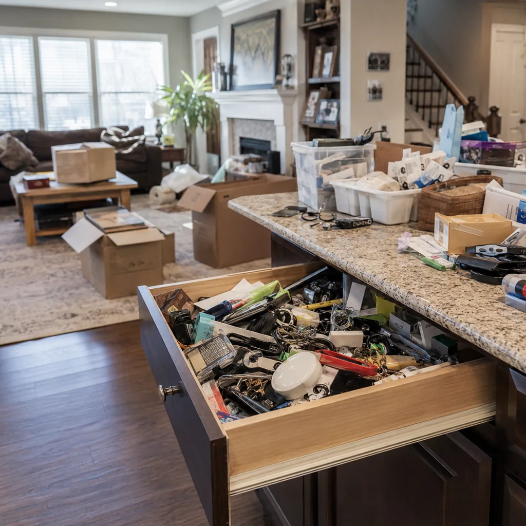 Realistic editorial photo of a realistic cluttered living room and kitchen area with boxes, counters, shelves, and organizing bins showing junk drawer with no b