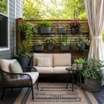 Realistic editorial photo of a small patio with compact seating, outdoor rug, plants, side table, curtains, and privacy screen showing container plants with dif