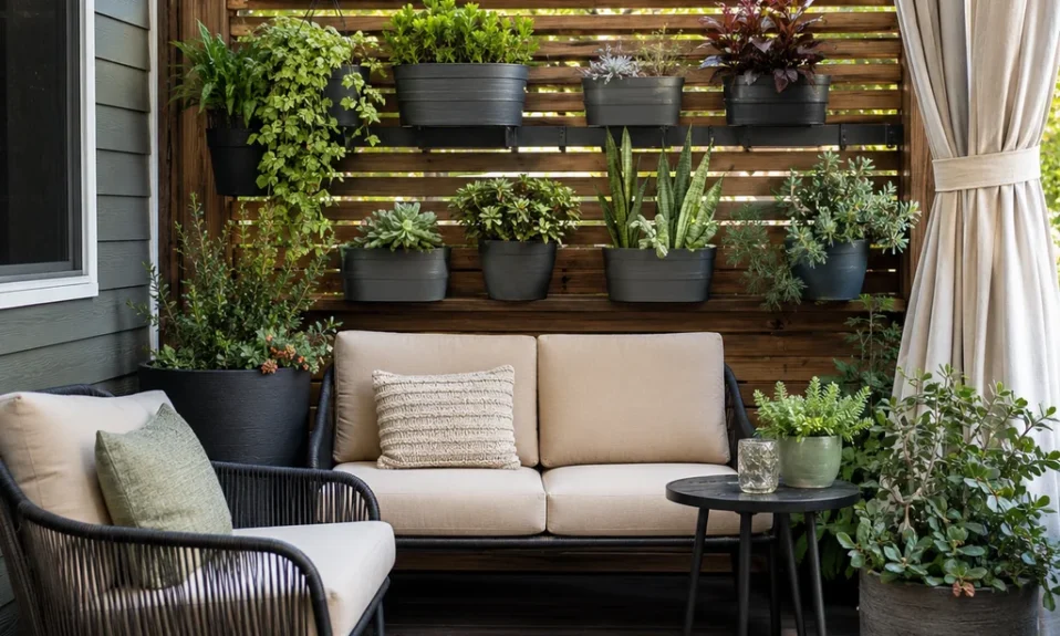 Realistic editorial photo of a small patio with compact seating, outdoor rug, plants, side table, curtains, and privacy screen showing container plants with dif