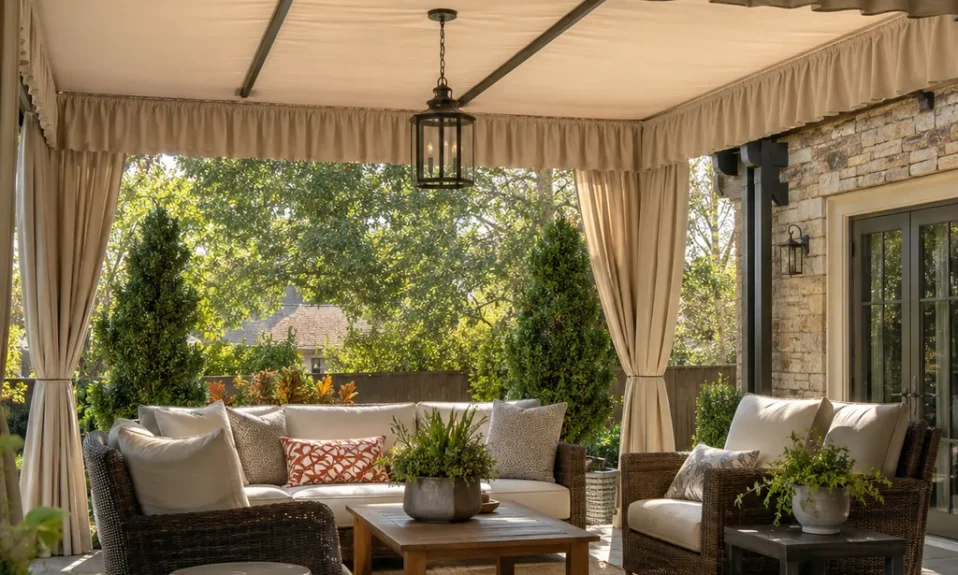 Realistic editorial photo of an outdoor patio with pergola curtains, seating, plants, fabric panels, and sunlight showing short valances making ceilings look lo