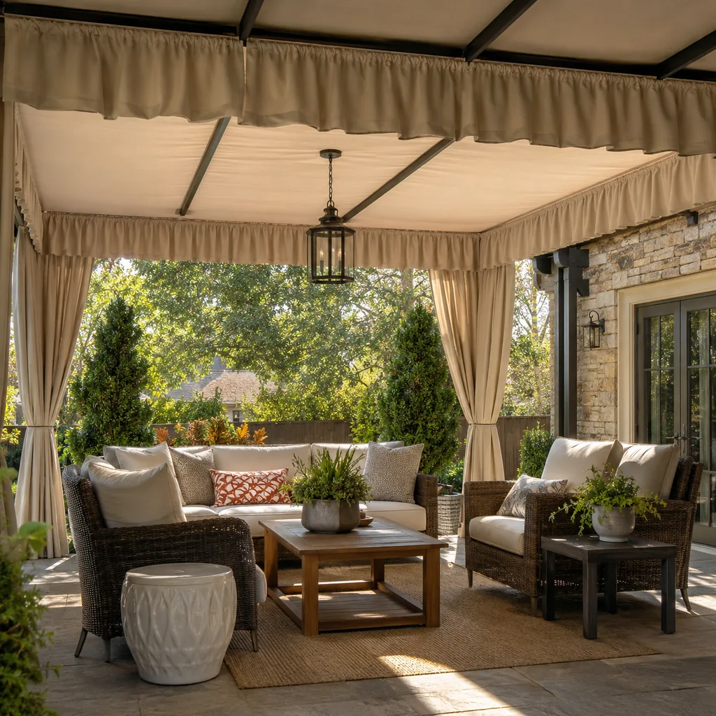 Realistic editorial photo of an outdoor patio with pergola curtains, seating, plants, fabric panels, and sunlight showing short valances making ceilings look lo