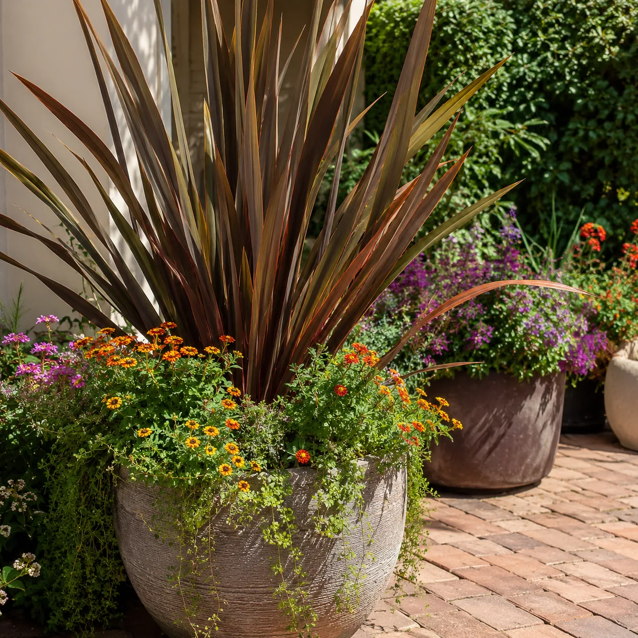 Realistic editorial photo of New Zealand flax growing in sunny patio containers with heat tolerant flowering plants, rea