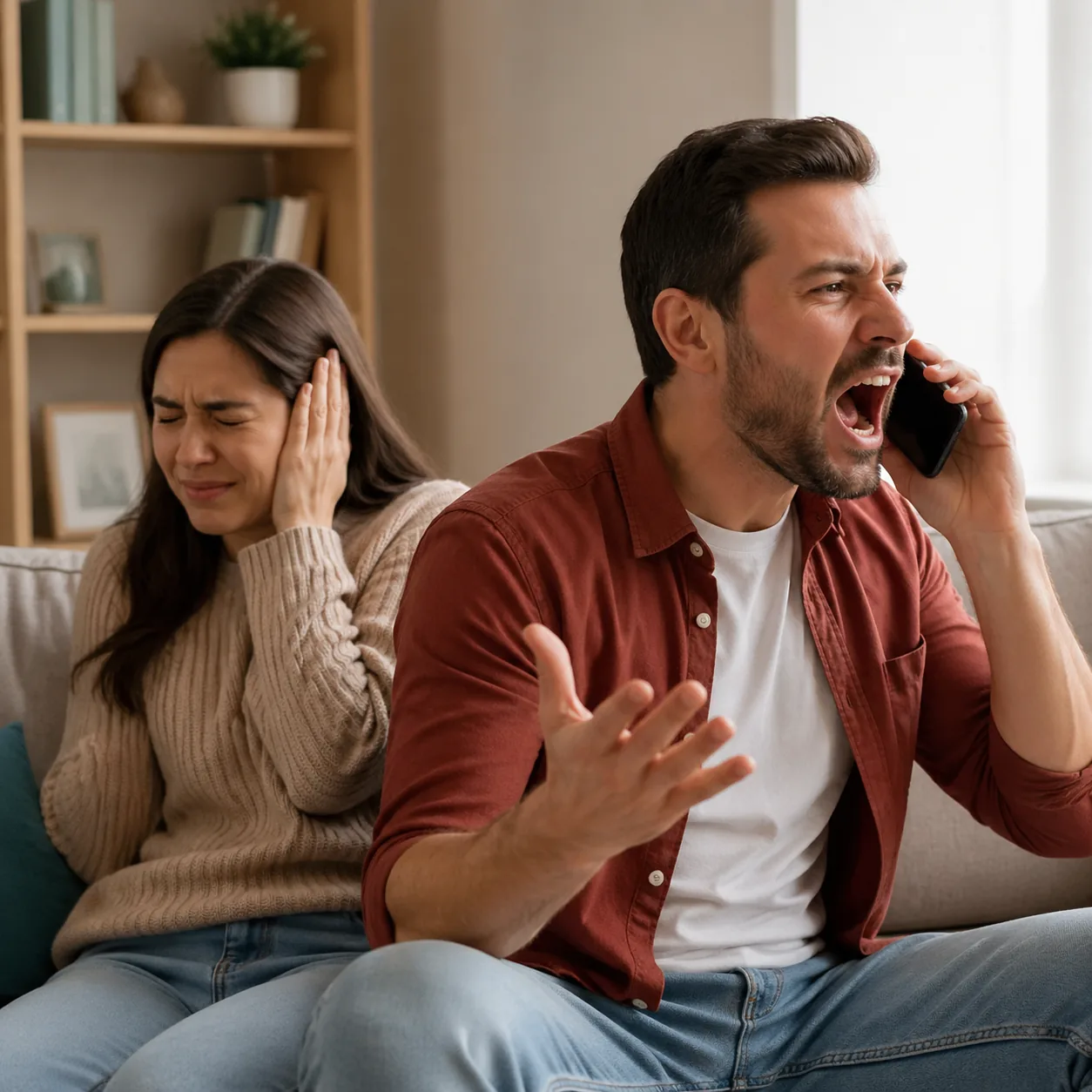 Realistic lifestyle photo of a husband on a phone call speaking very loudly in a quiet living room while his wife winces