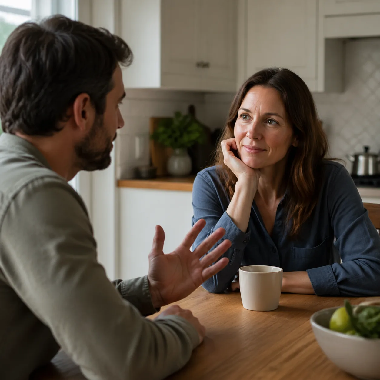 Realistic lifestyle photo of a wife with a small thoughtful smile across a kitchen table while her husband gestures gent