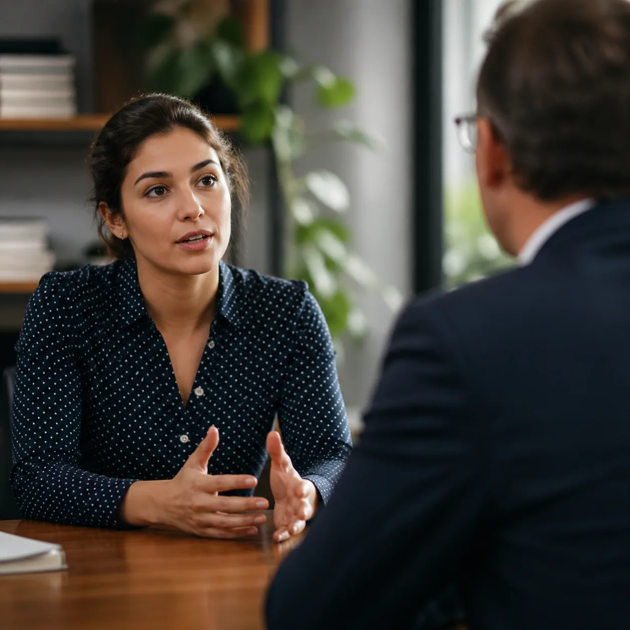 Warm editorial photo of a young woman speaking calmly and firmly across a desk to a manager figure, grounded confident p