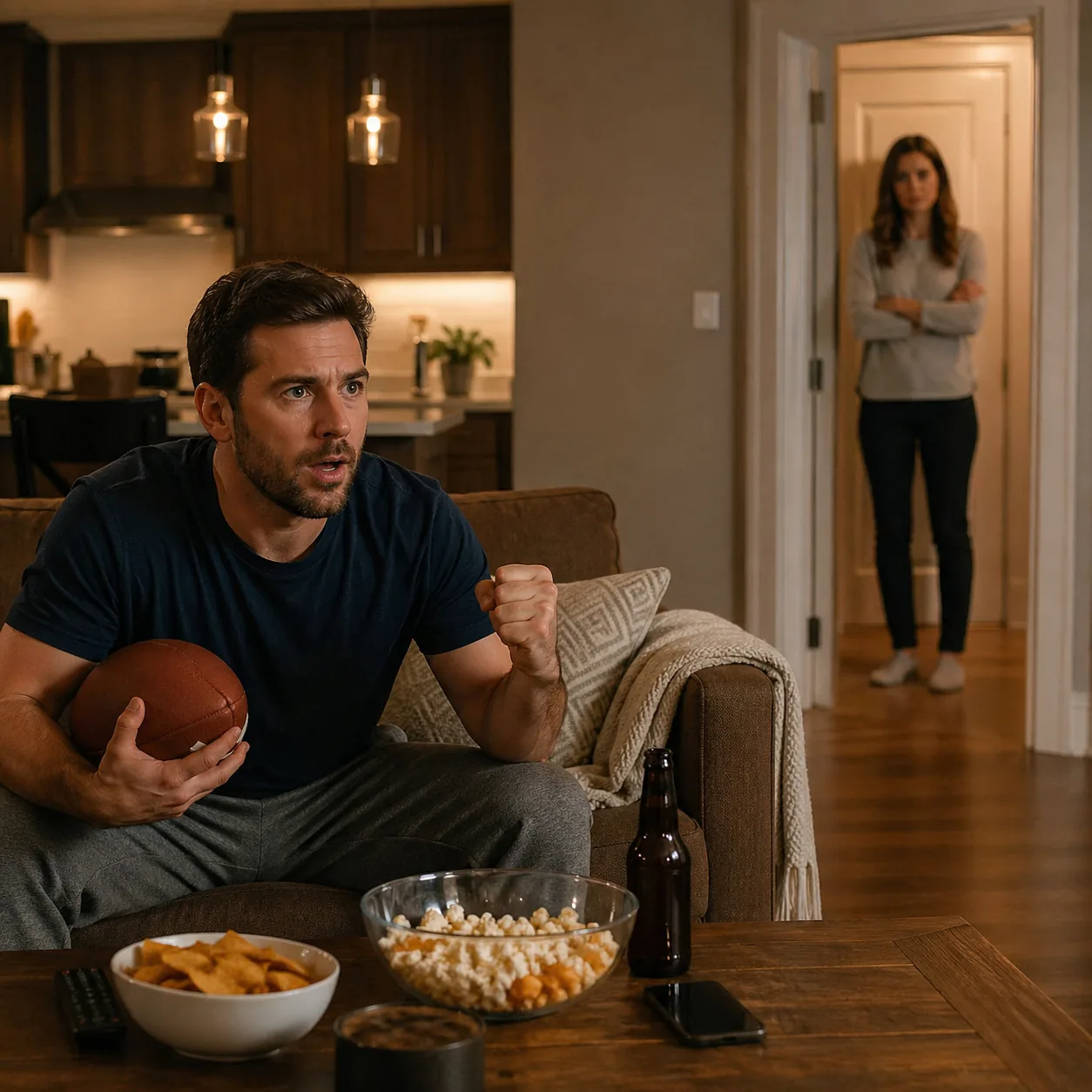 Cozy realistic lifestyle photo of a husband fully invested in watching a sports game on the couch while his wife waits i