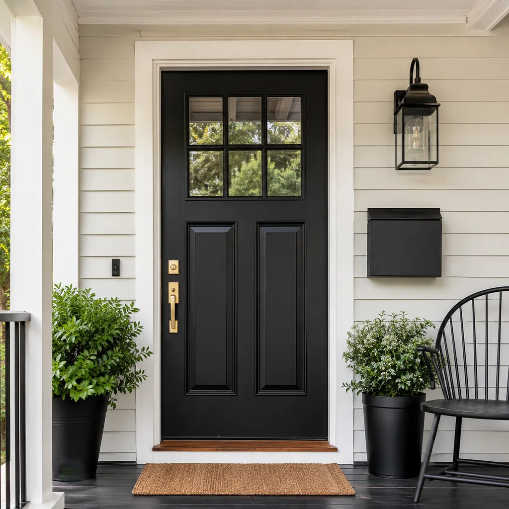 Realistic editorial photo of a black front door on an American home with trim, planters, hardware, and porch details showing cleaner mailbox or wall box