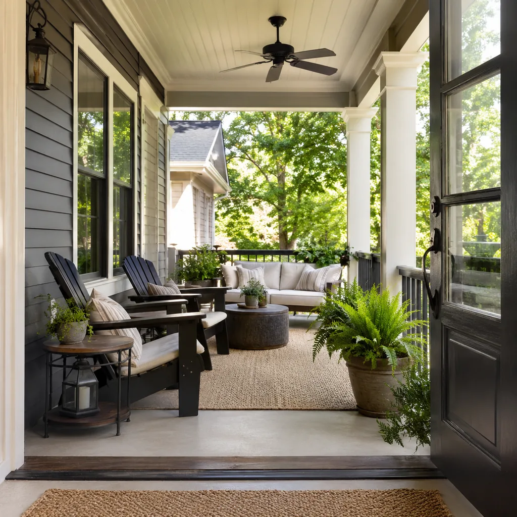 Realistic editorial photo of a covered porch with chairs, ceiling fan, plants, side tables, rug, and outdoor living details showing threshold that looks fresh