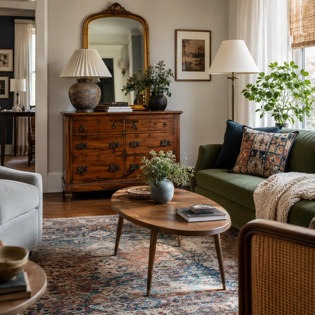 Realistic editorial photo of a home interior with vintage decor, modern furniture, warm wood, patterned accents, and layered lighting showing secondhand piece u