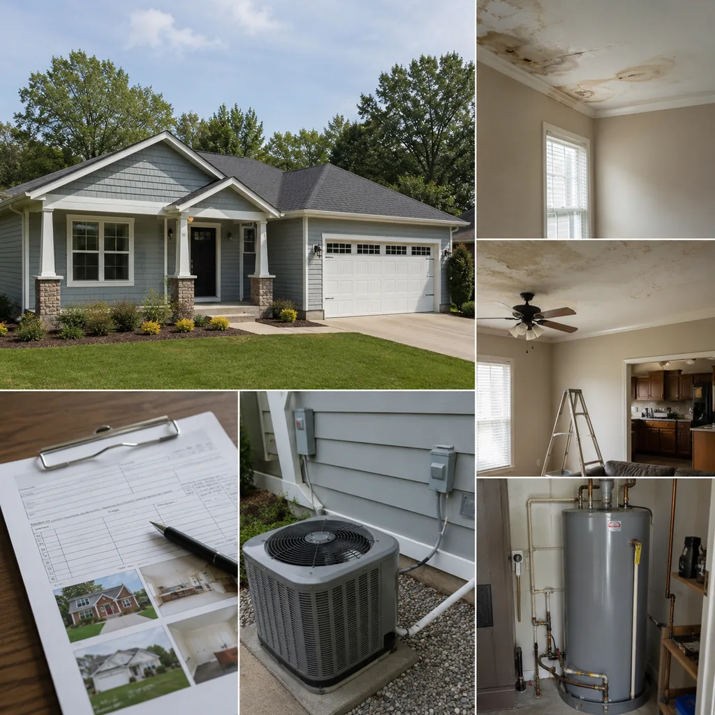 Realistic editorial photo of a suburban American home with appraisal paperwork, exterior details, utilities, and interior repair clues showing water stains arou