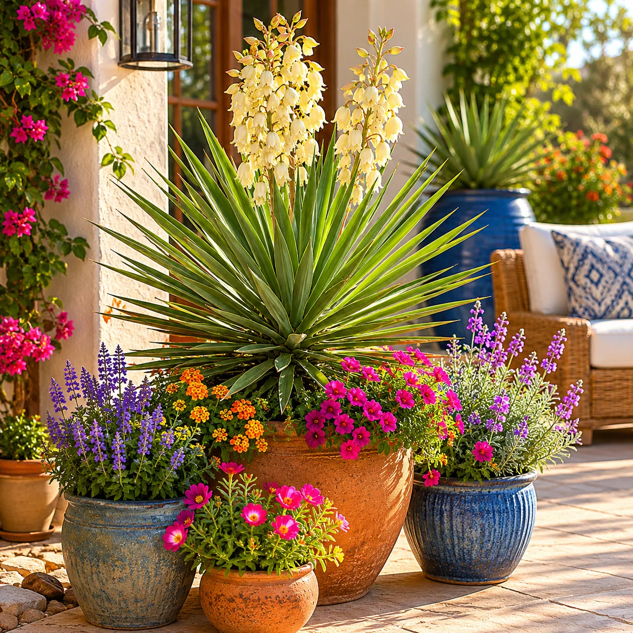 Realistic editorial photo of Yucca growing in sunny patio containers with heat tolerant flowering plants, realistic edit