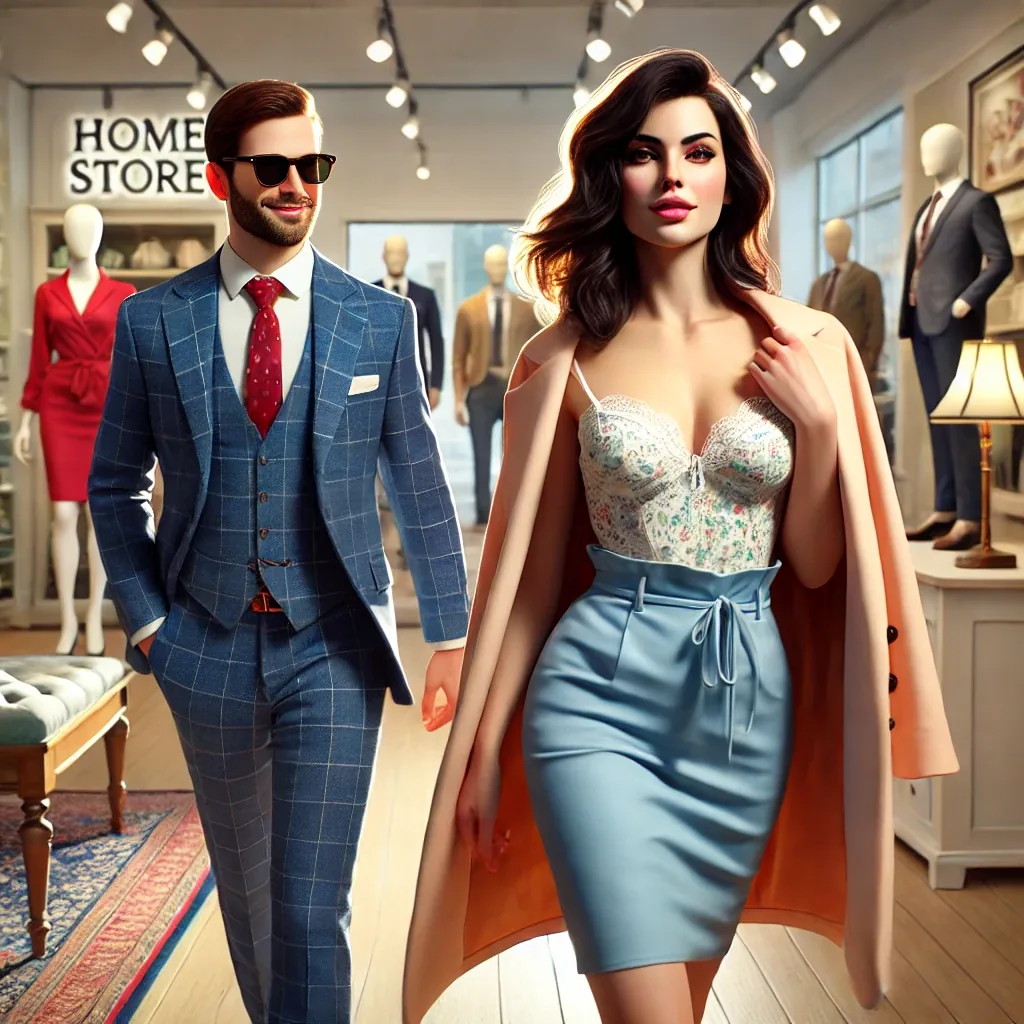 Realistic funny photo of a wife walking confidently into a boutique or home store while husband follows cautiously, brig