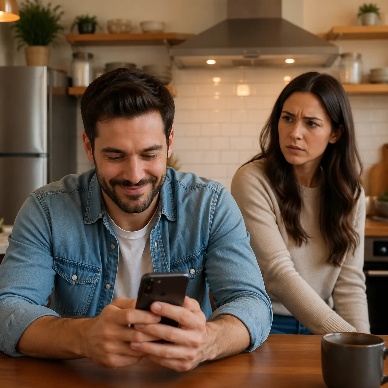Realistic lifestyle photo of a husband on a phone smiling while his wife glances over confused