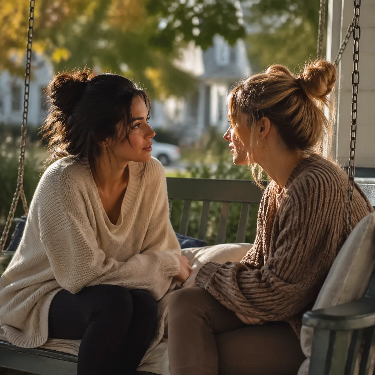 Warm editorial photo of two young women sitting across from each other on a porch swing, leaning in for an honest conver