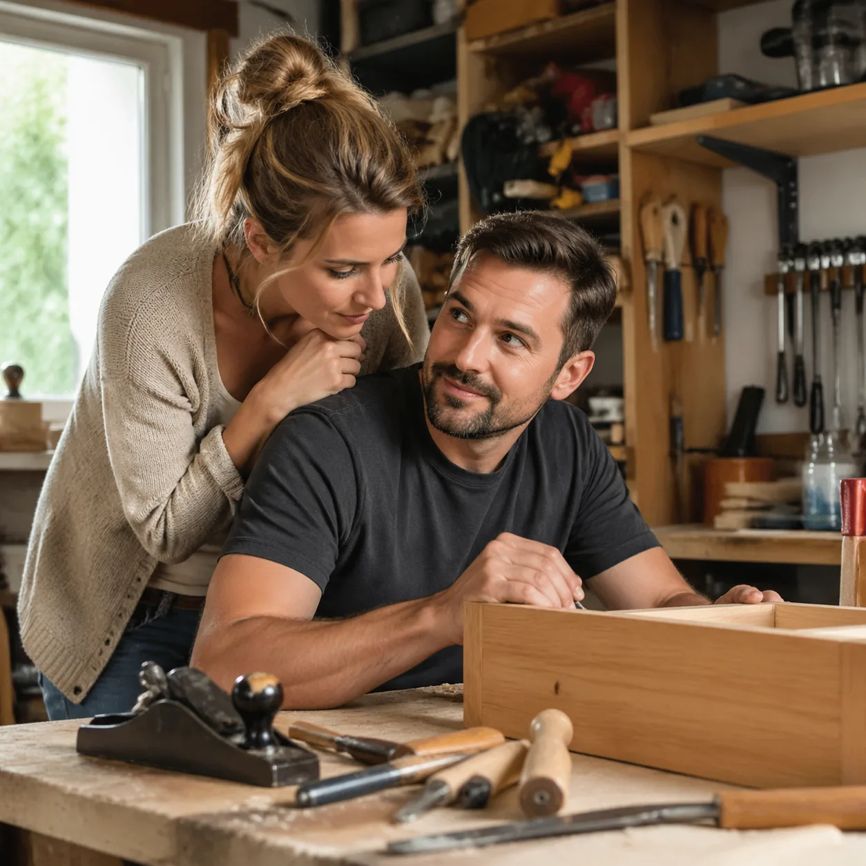 Warm lifestyle photo of a wife hovering with curiosity over a husband's woodworking project, husband looking patient and