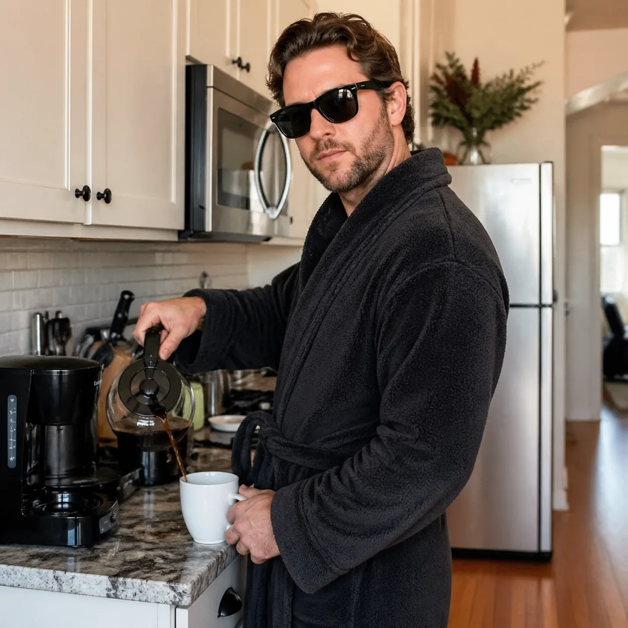 Funny realistic lifestyle photo of a husband wearing sunglasses inside the kitchen while making coffee in the morning