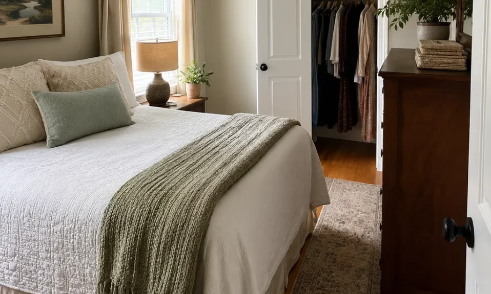 Realistic editorial photo of a compact American bedroom with bed, nightstands, window, dresser, and tight walkways showing closet door that opens cleanly