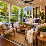 Realistic editorial photo of a covered porch with chairs, ceiling fan, plants, side tables, rug, and outdoor living details showing furniture angled for convers