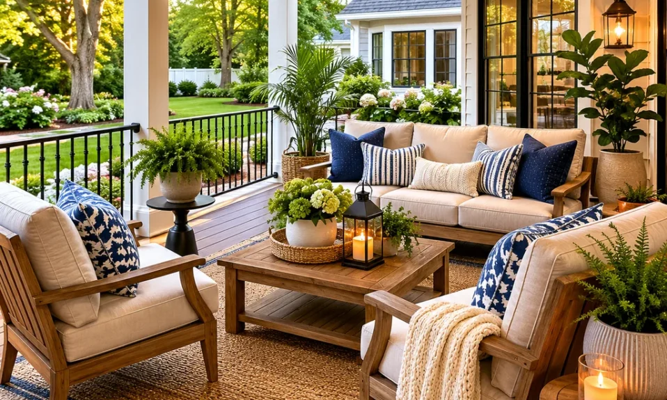 Realistic editorial photo of a covered porch with chairs, ceiling fan, plants, side tables, rug, and outdoor living details showing furniture angled for convers