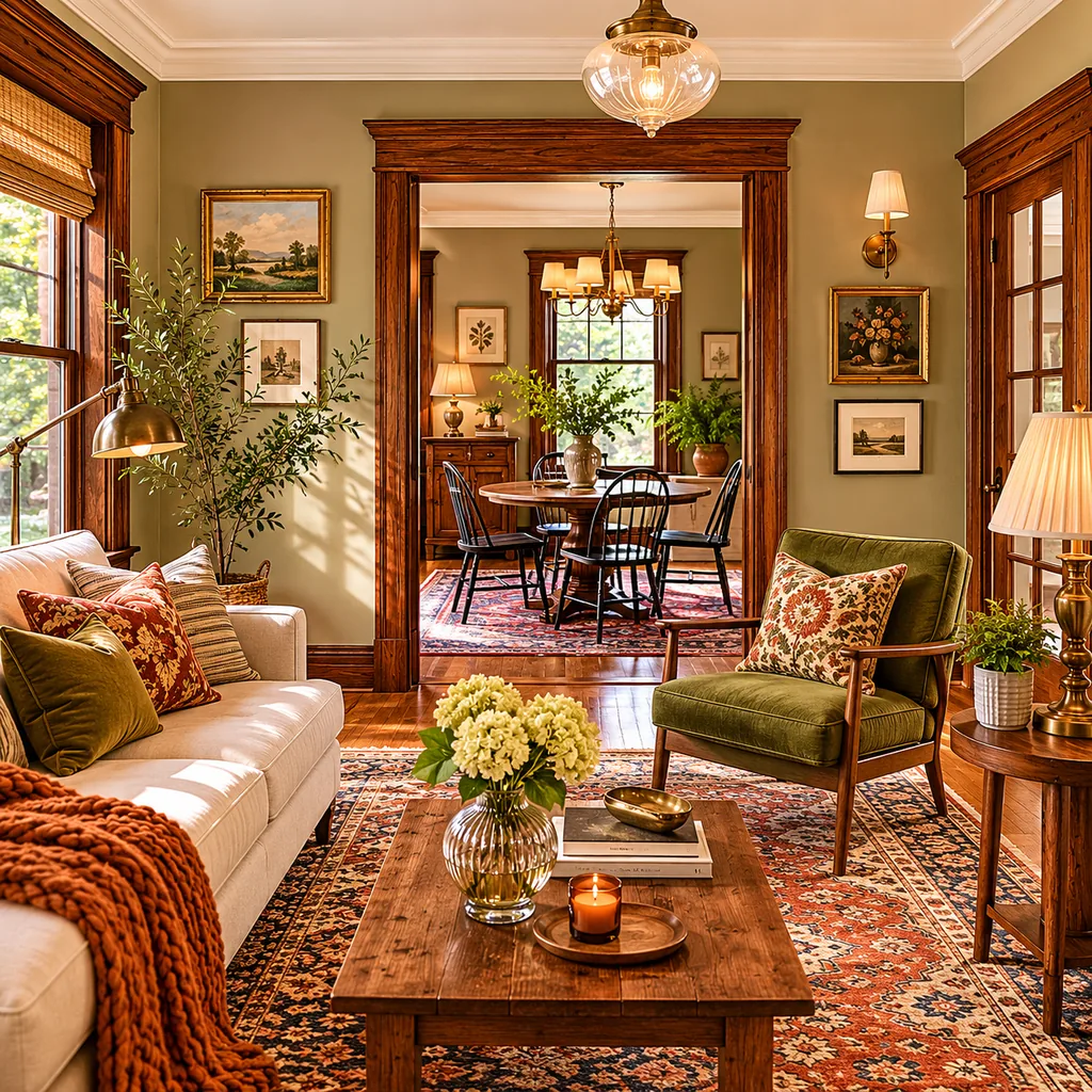 Realistic editorial photo of a home interior with vintage decor, modern furniture, warm wood, patterned accents, and layered lighting showing wall color that ma