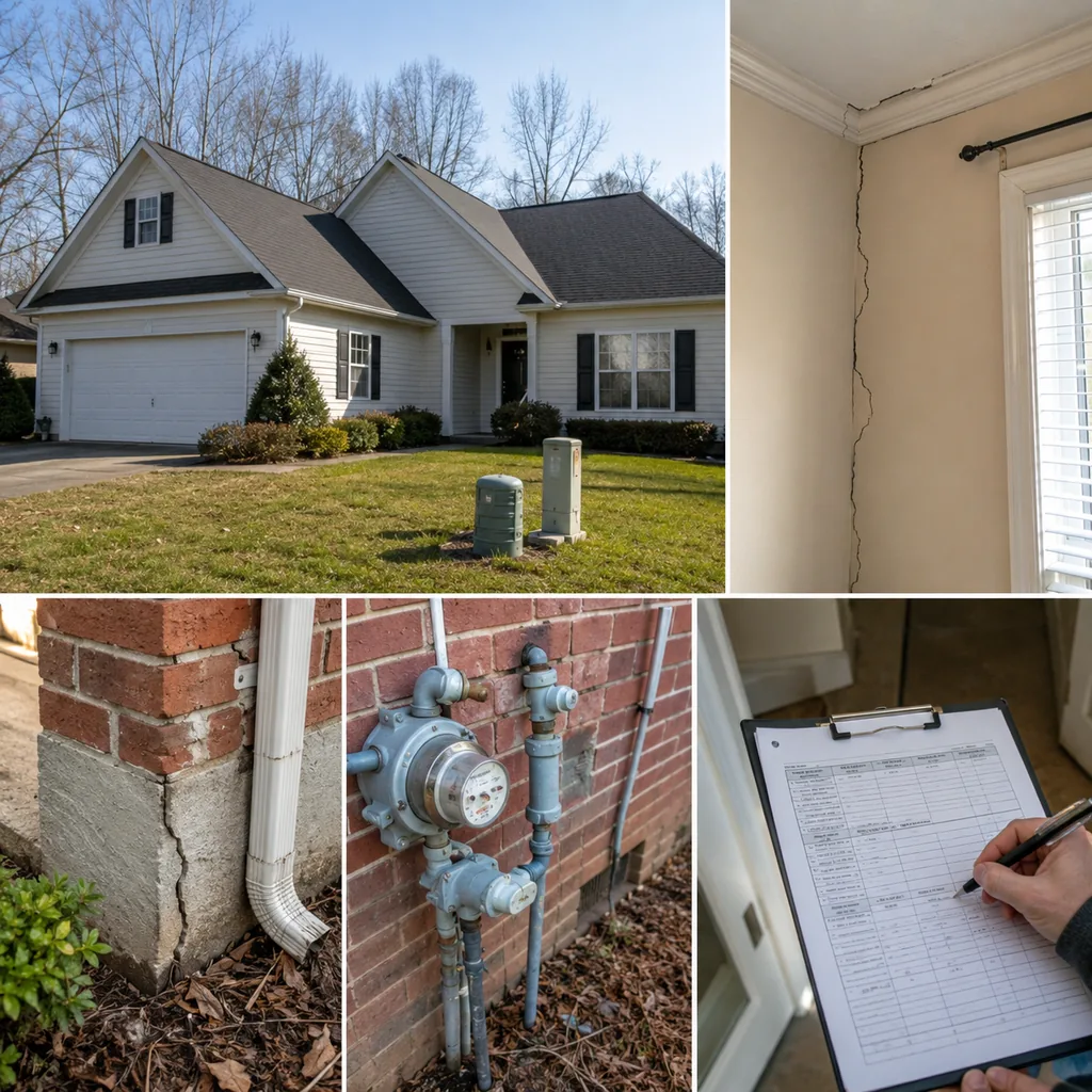 Realistic editorial photo of a suburban American home with appraisal paperwork, exterior details, utilities, and interior repair clues showing cracks that trave
