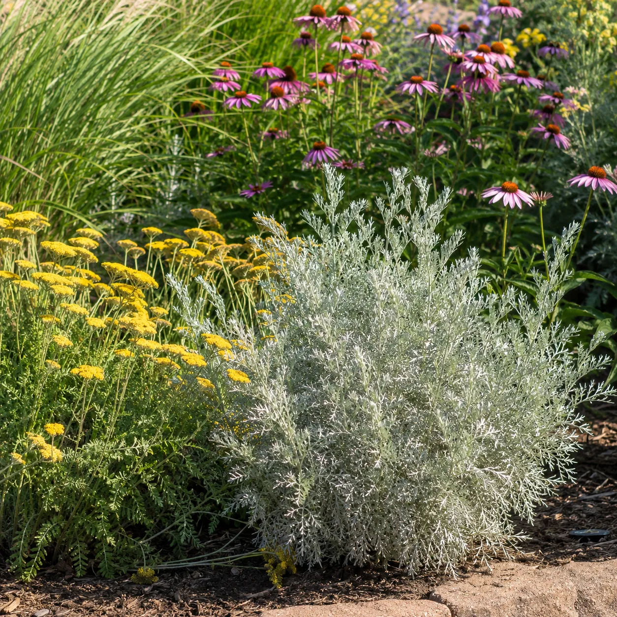 Realistic editorial photo of Artemisia with blooms nearby growing in sunny drought tolerant flower bed in summer heat, r