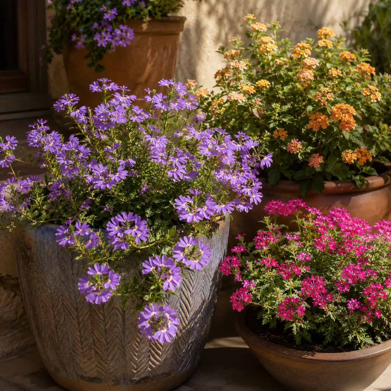 Realistic editorial photo of Fan flower growing in sunny patio containers with heat tolerant flowering plants, realistic