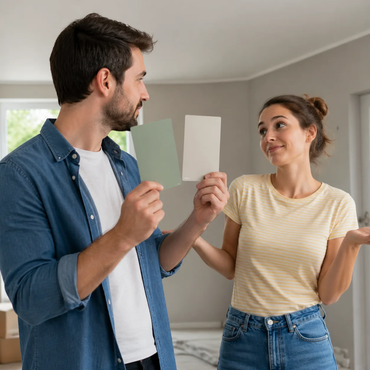Realistic lifestyle photo of a husband holding two color samples up while his wife shrugs casually with a small smile