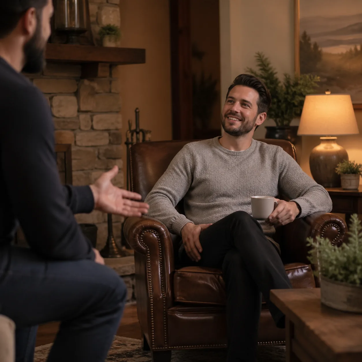 Realistic lifestyle photo of a husband sitting comfortably in a specific armchair while a guest is gently redirected to 