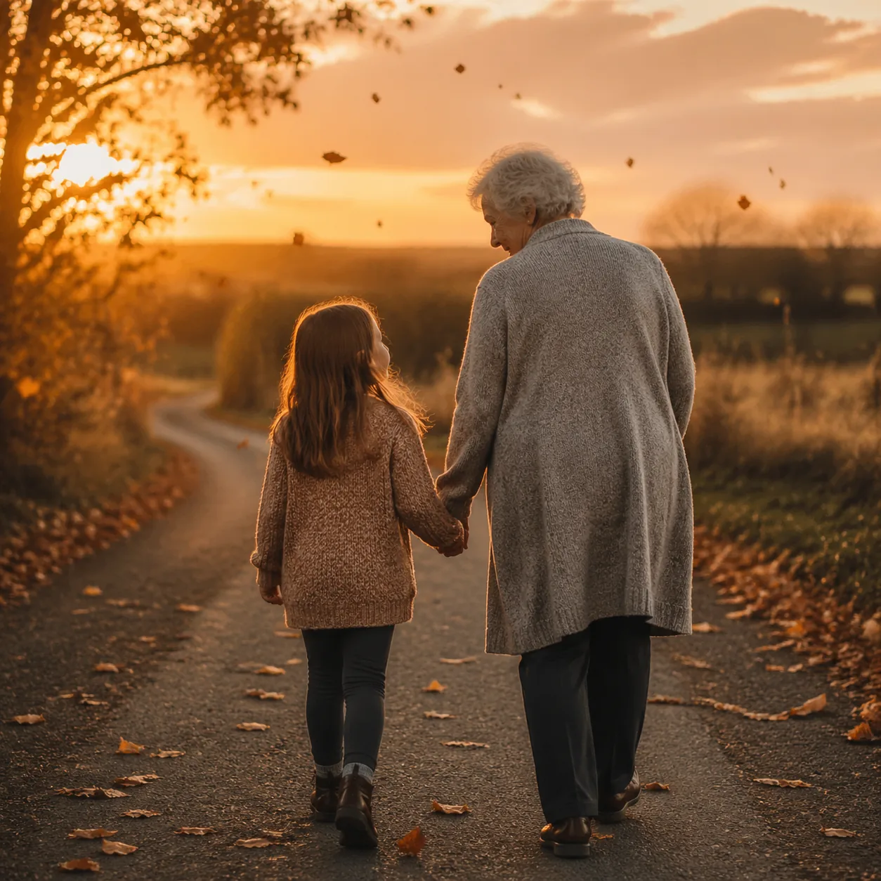 Warm editorial photo of a grandmother and granddaughter walking a peaceful country lane at dusk, leaves drifting around 
