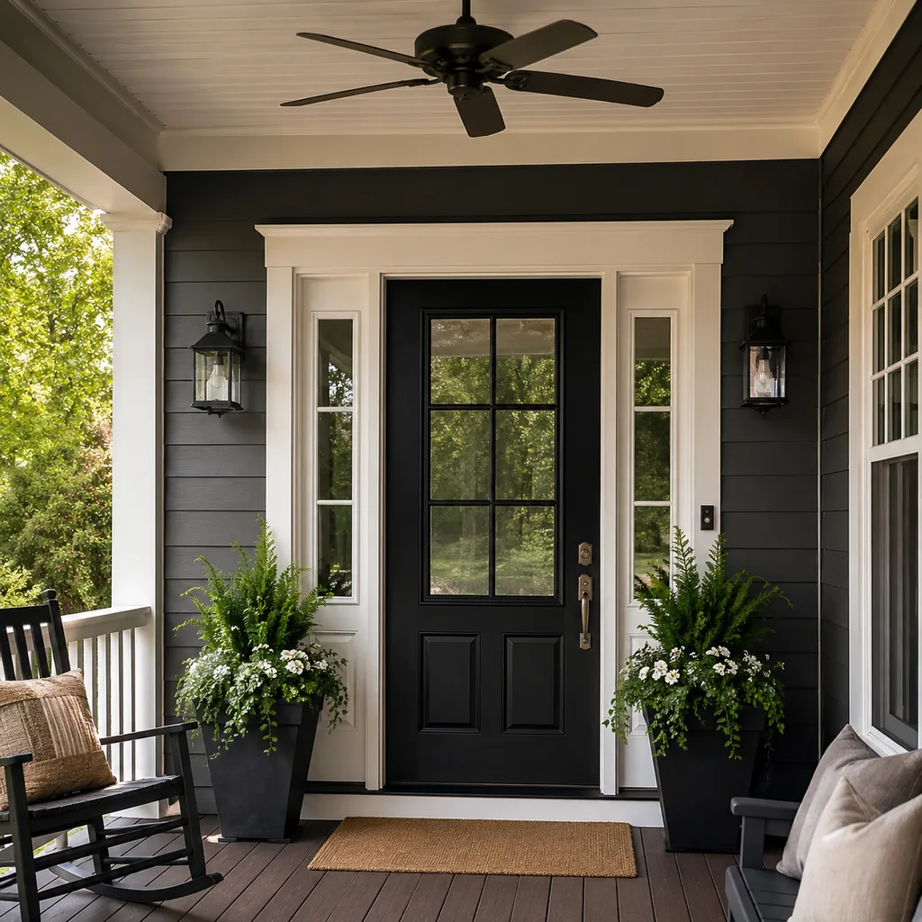 Realistic editorial photo of a black front door on an American home with trim, planters, hardware, and porch details showing ceiling fan sized for the porch