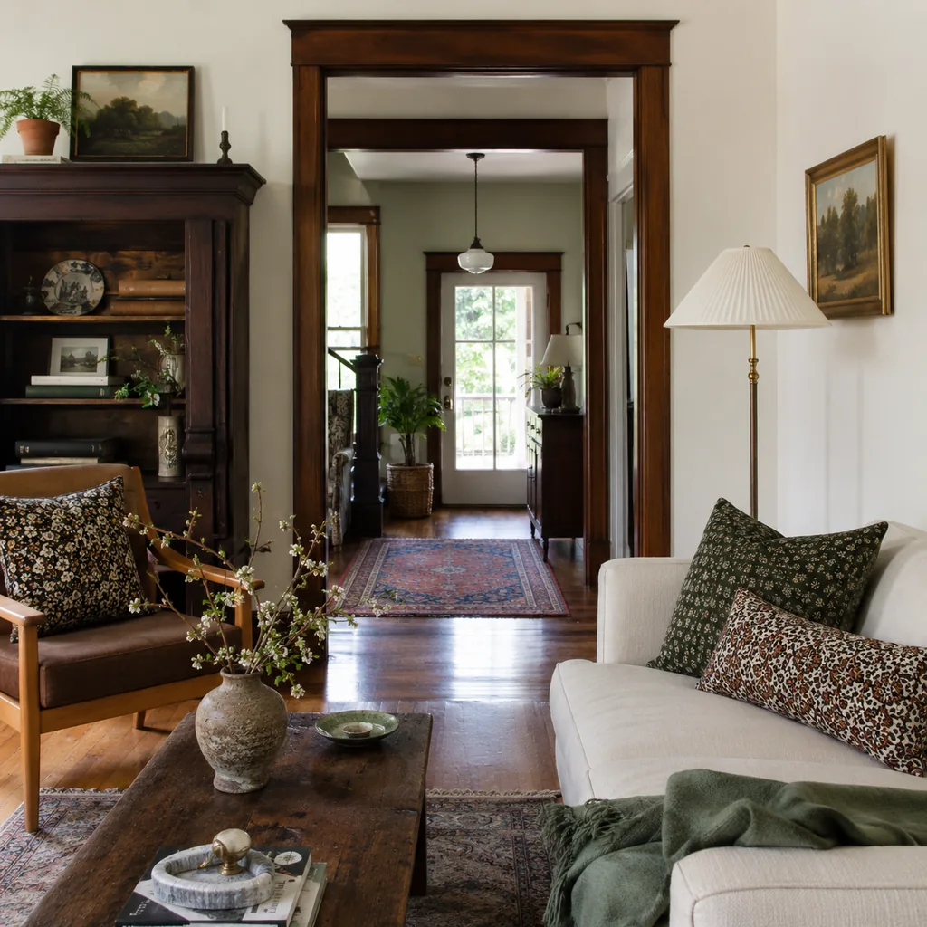 Realistic editorial photo of a home interior with vintage decor, modern furniture, warm wood, patterned accents, and layered lighting showing porch detail borro