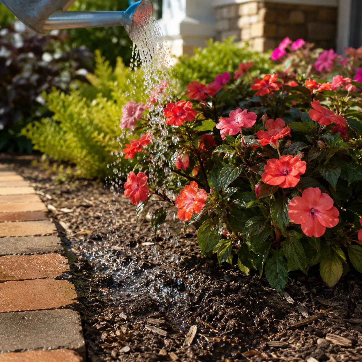 Realistic editorial photo of SunPatiens with water growing in sunny drought tolerant flower bed in summer heat, realisti