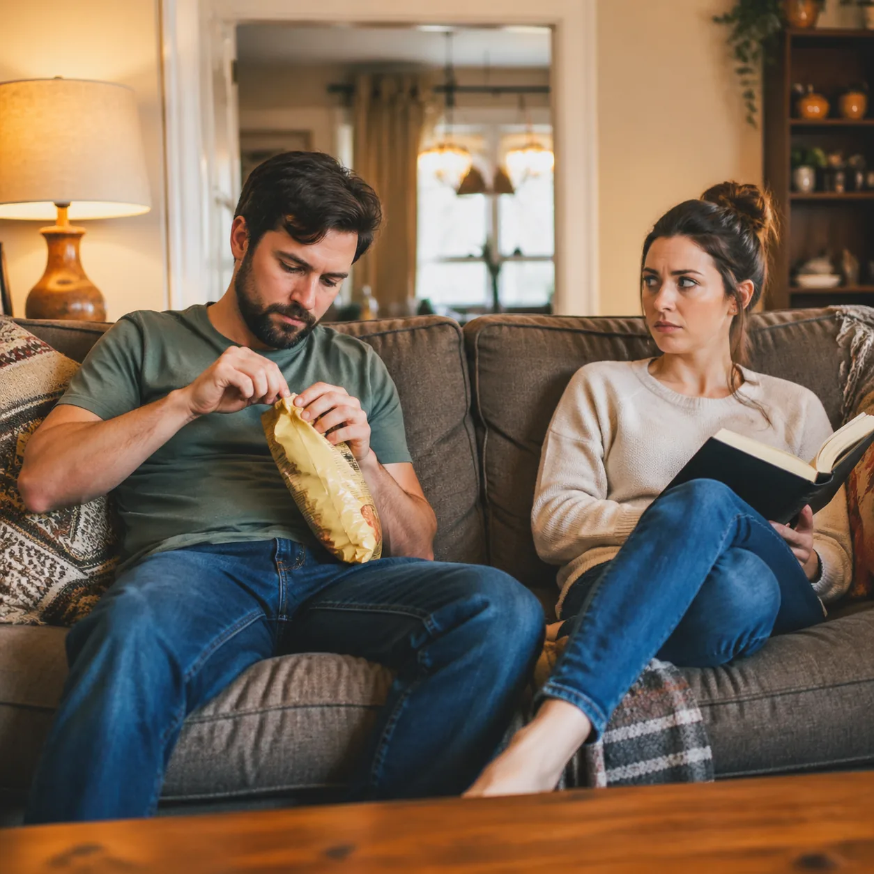 Realistic lifestyle photo of a husband opening a snack bag carefully while his wife is reading nearby giving him a side-