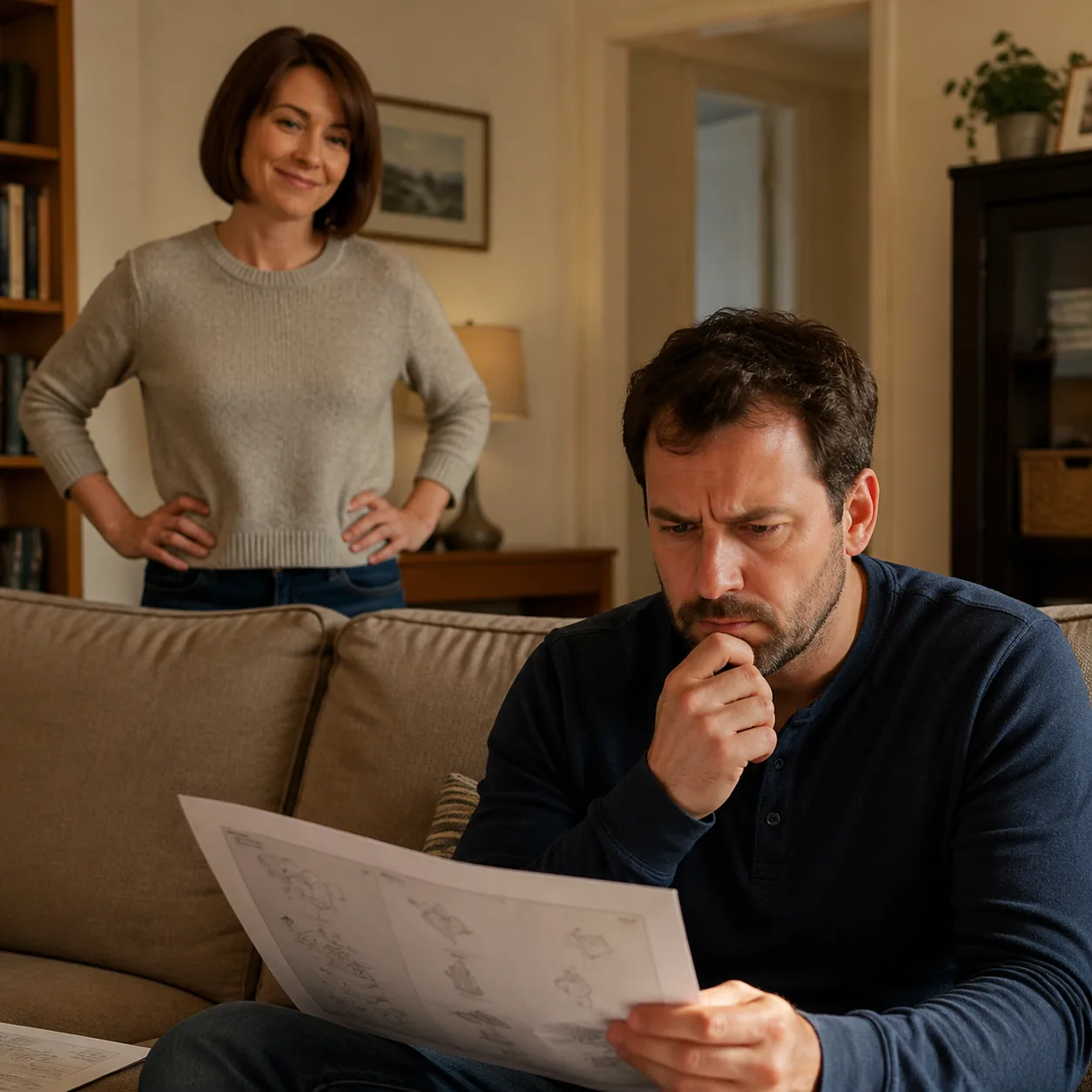 Realistic photo of a wife standing in a living room after a subtle change like new hair or decor while husband studies c