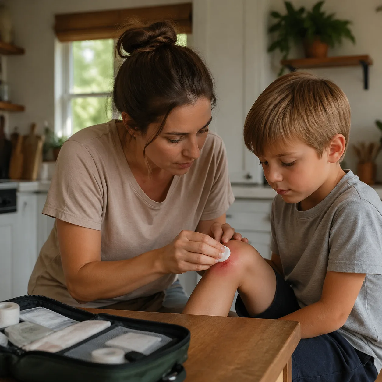 Warm editorial photo of a young woman cleaning a small scrape on a child's knee, first aid kit open on a kitchen table