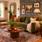 Realistic editorial photo of a home interior with vintage decor, modern furniture, warm wood, patterned accents, and layered lighting showing comeback idea used