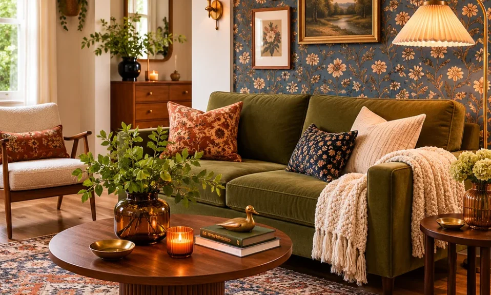 Realistic editorial photo of a home interior with vintage decor, modern furniture, warm wood, patterned accents, and layered lighting showing comeback idea used