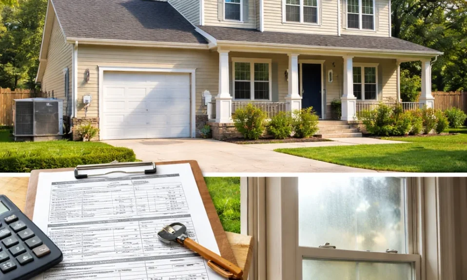 Realistic editorial photo of a suburban American home with appraisal paperwork, exterior details, utilities, and interior repair clues showing windows that stic