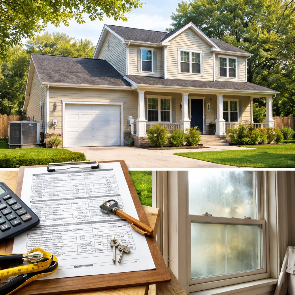 Realistic editorial photo of a suburban American home with appraisal paperwork, exterior details, utilities, and interior repair clues showing windows that stic