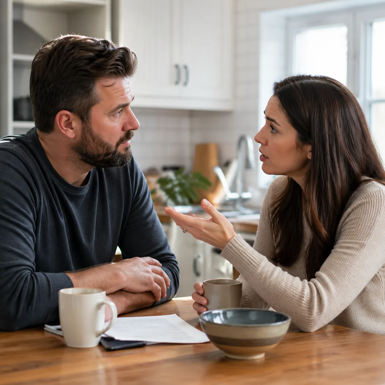Realistic lifestyle photo of a husband nodding seriously across a kitchen table while his wife shares an interesting fac